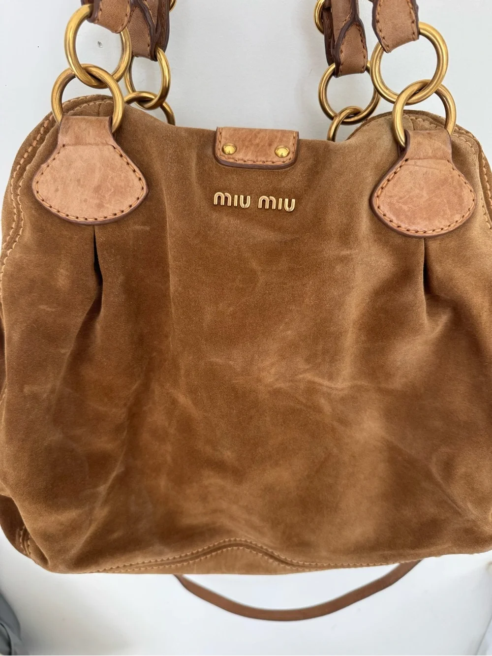 Miu Miu Brown Suede Shoulder Bag with Gold Hardware